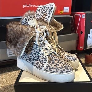 Leopard Print Fur-Trimmed High-Top Sneakers